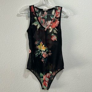 Ktoo Mesh Floral Tropical V-Neck Bodysuit SZ Small